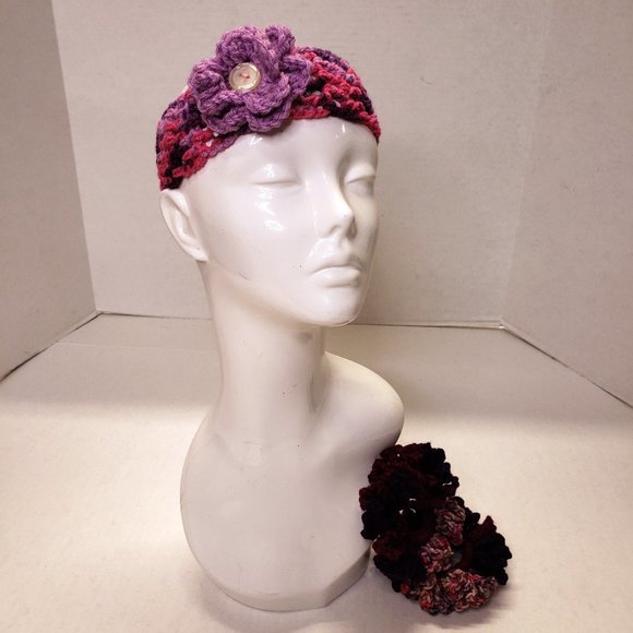 Accessories - Woman's Handmade Crochet 2 Scrunchies and Flower Headband Purple Multicolor